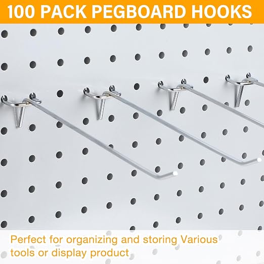 100 Pcs Peg Board Shelving Hooks Stainless Steel Hanging Board Pegs Wall Display Hooks Bulk for 1/8 1/4 Garage Storage Organizer Accessories (8 Inch,Silver)