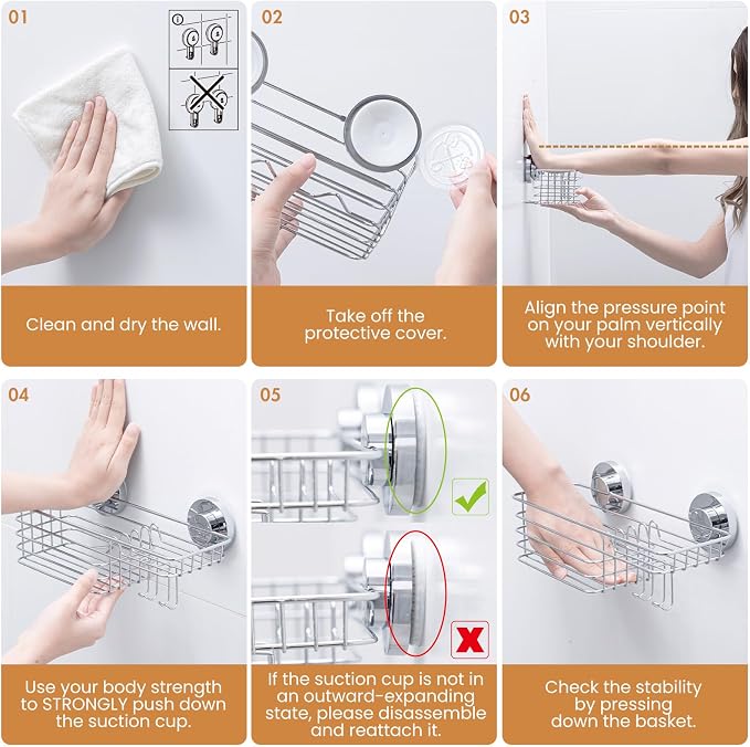 LEVERLOC Shower Caddy Suction Cup, 2 Pack Heavy Duty Bathroom Organizer | Shower Caddy with Hooks & Soap holder, Removable Shower Storage, Rustproof Silver bathroom Holder