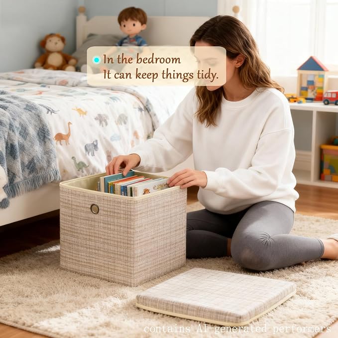 modscape 12x12x12 Collapsible Fabric Cube Storage Bins with Lids | Clothes storage bins for shelves, closet, bedroom. Decorative boxes with lids, treasure box for classroom(Shining Beige, 4)