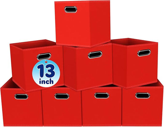 Fabric Cubby Storage Bins,13x13x13 Inches,Cube Organizer Bin Foldable Storage Boxes with Dual Handles Fabric Organizer Box and collapsible Storage basket,Set of 8,Red