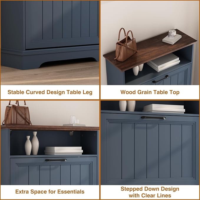 24" W Hidden Shoe Storage Cabinet with 2 Flip Drawers & Open Storage | Farmhouse Modern Shoes Rack Cabinet,Adjustable Shelves, Narrow Slim Shoes Organizer for Entryway,Foyer,Hallway,Navy Blue