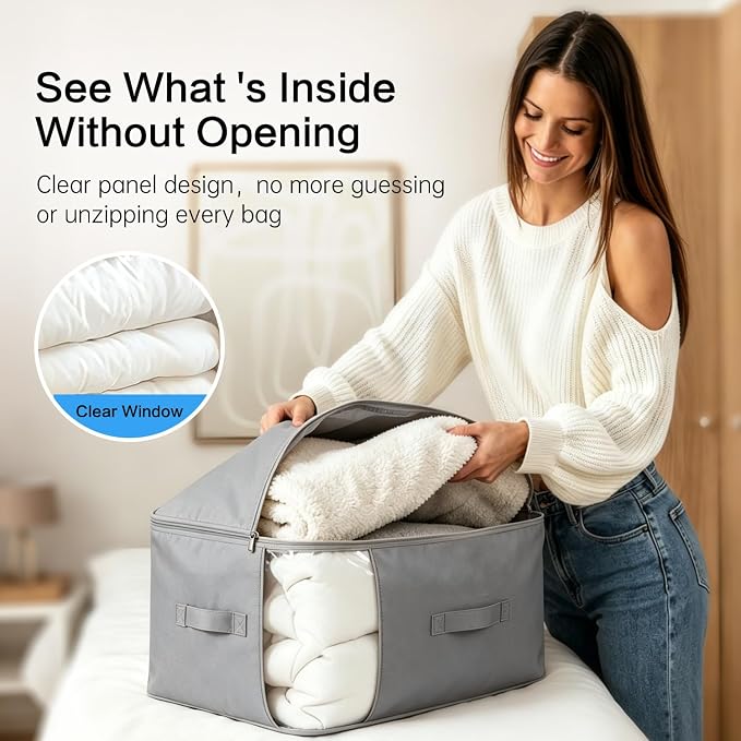 Comforter Storage Bag, Large Capacity Blanket Storage Bags 3-Layer Ultra Space Saving Self Compression Organizer, Heavy Duty Space Saver Organizer for Bedding, Clothes, Blanket, 2-Pack, Gray