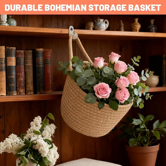 5 Pcs Woven Wall Hanging Baskets, Boho Storage Organizers Fabric Pouches Wall Mounted Bag for Home Office Living Room Decor, Brown