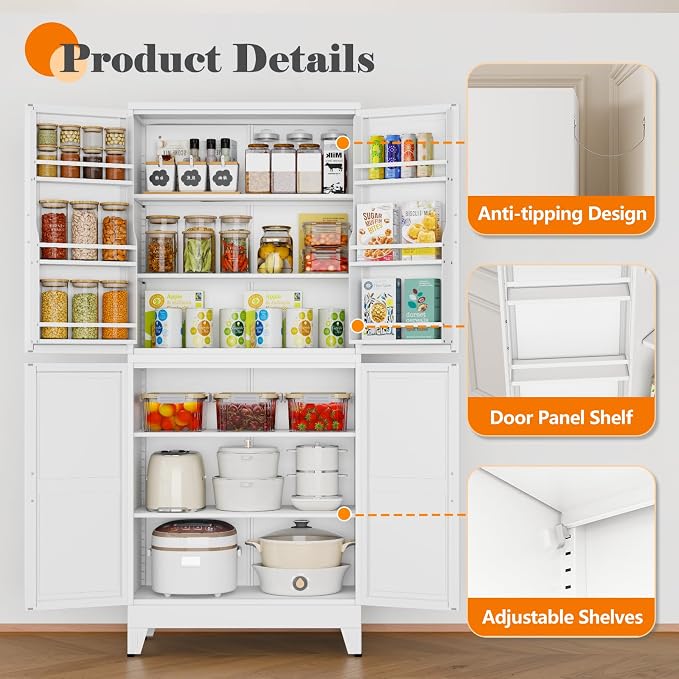 GAIOUS 74.8" Tall Metal Food Cabinet, White Kitchen Pantry Cabinet, Storage Cabinets with 4 Door and 4 Adjustable Shelves, Steel Freestanding Cupboard for Kitchen Dining Room Living Room Bathroom