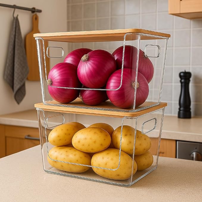 CiWiVOKi 6 Pack Clear Stackable Storage Bins with Bamboo Lids, Trash Bag Holder Dispenser Under Sink Organizer for 4-13 Gal Bags, Plastic Storage Containers for Pantry Bathroom Kitchen Organization