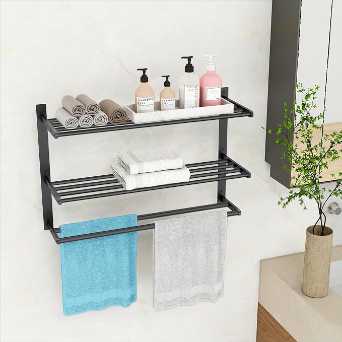 KLJKPA 24 Inch Towel Racks for Bathroom Wall-Mount, 3-Tier, Black | Towel Shelf with Double Towel Bar, Towel Holder, Towel Storage for Bathroom Lavatory, Stainless Steel, Space Saving