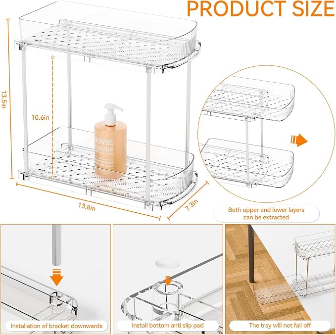 3 Pack 13.8″ Deep 2 Tier Under Sink Storage Organizer,Large Pull Out Bathroom Organizers and Storage,Slide Out Acrylic Undersink Storage Shelf,Kitchen Under Sink Organizer for Cleaning Products