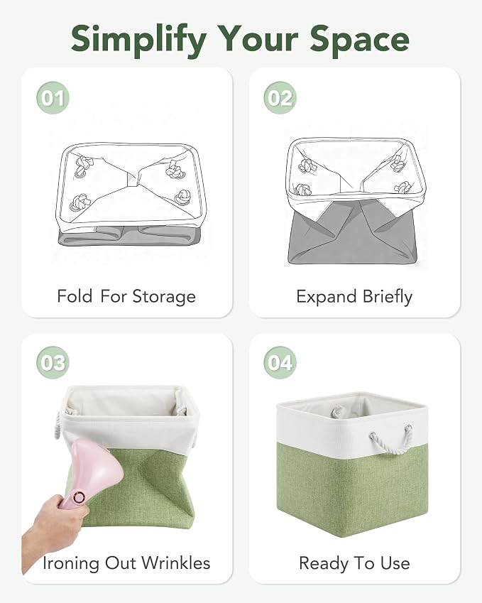 12x12 Inch Fabric Cube Storage Bins with Cotton Rope Handle 6-Pack | Top Support of Metal Frame, Bottom with Cardboard Support, Foldable Storage Bins for Closet, Bedroom, White Green