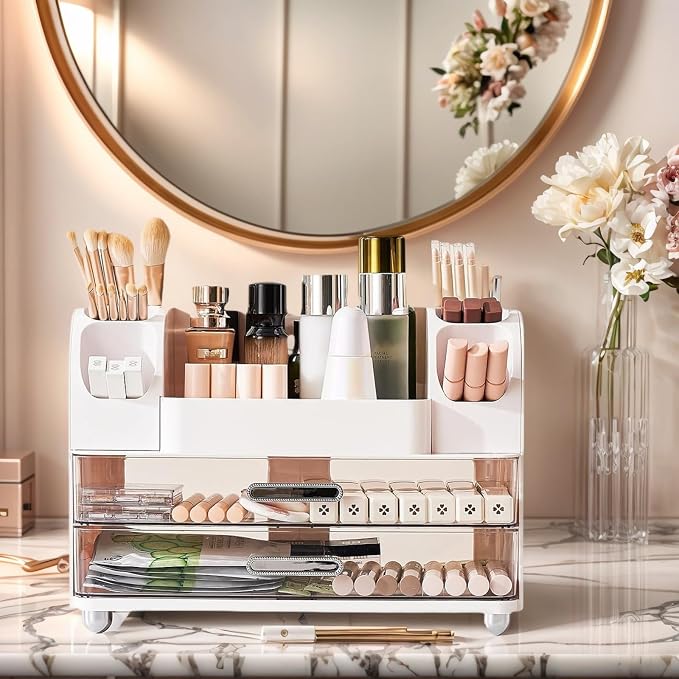Large Makeup Organizer for Vanity - Perfume Cosmetic Display Cases | Skincare Organizers with 2 Drawers for Bathroom Dresser Desk, Easy to Store Brush Eyeshadow Lipstick Beauty Supplies, White