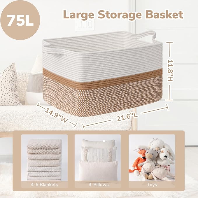 Goodpick Large Woven Blanket Basket, Cotton Rope, White & Camel Mix | 21.6 x 14.9 x 11.8 in, Rectangle, Living Room, Bedroom & Nursery Organization, Home Decor, Blankets & Toys Storage