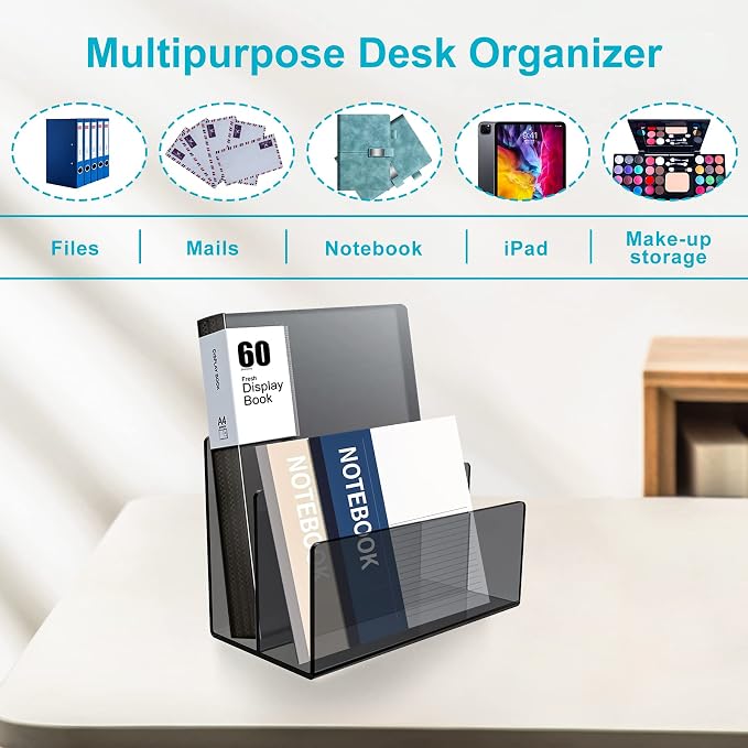 Boloyo Acrylic File Holder,1PC 2 Sections Clear Black File Organizer Mail Letter Sorter Desktop Folder Holder for Home Office School Envelope Bill Filling Paper Document