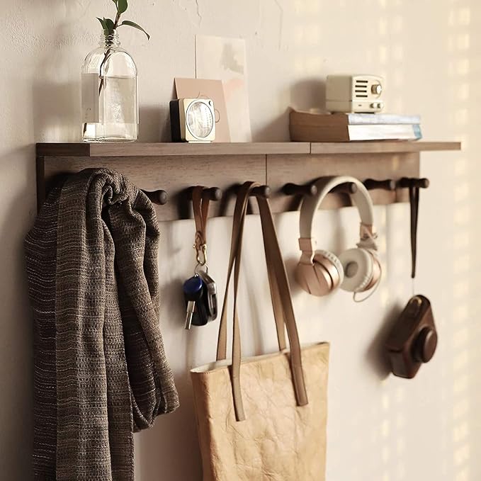 Entrance Coat Rack ，Coat Hooks, Wall-Mounted Wooden Hook Rack, Wall-Mounted Shelves are Very Suitable (Walnut Color Finish—A-1)