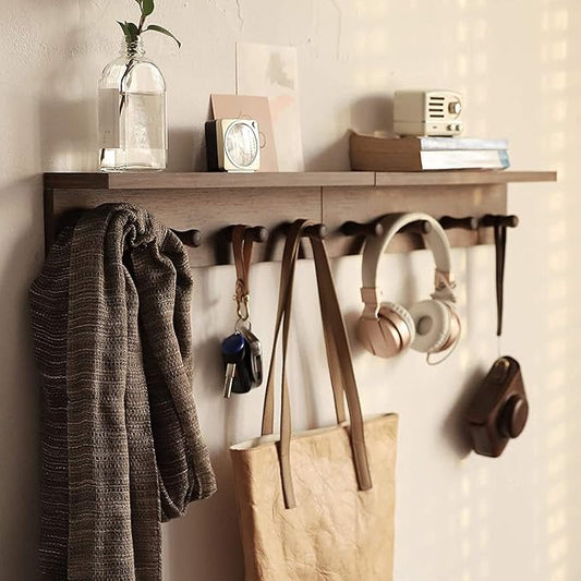Entrance Coat Rack ，Coat Hooks, Wall-Mounted Wooden Hook Rack, Wall-Mounted Shelves are Very Suitable (Walnut Color Finish—A-2)