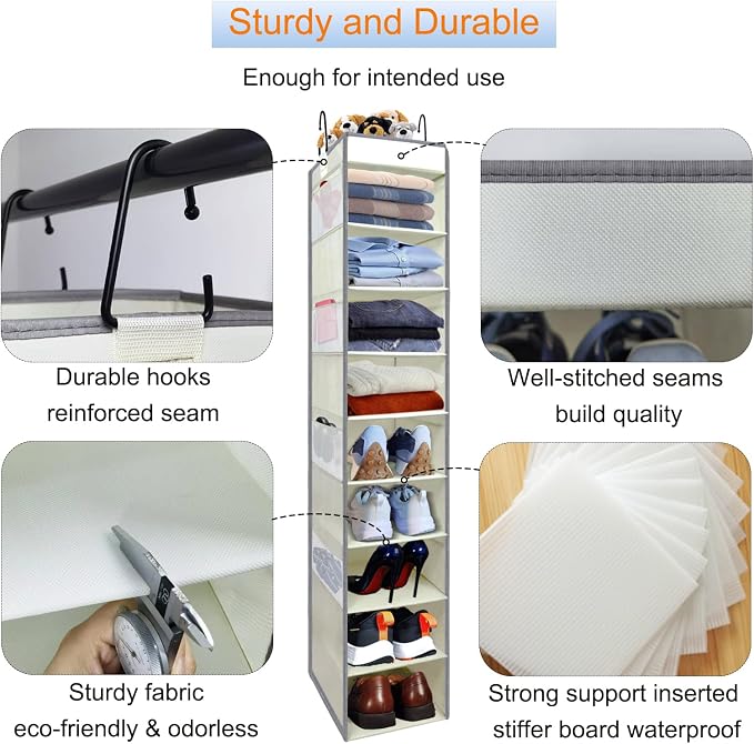 Large-Sized Hanging Shoe Organizer 10-Shelf, Sturdy Hanging Closet Organizer with 8 Side Pockets, Wider Hanging Shelves for Storage Shoes Clothes Jeans Shirts Toys, Beige