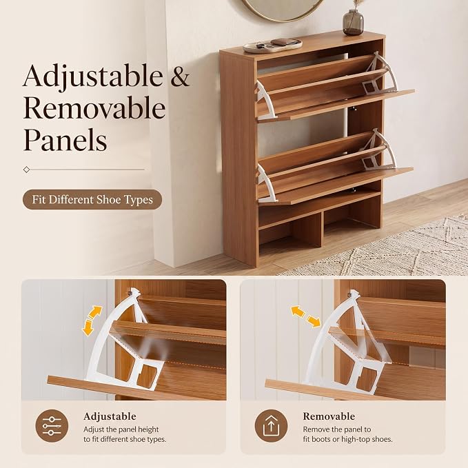 GRUSIGN Shoe Cabinet with 2 Flip Drawers, Narrow Shoe Cabinet Storage for Entryway, Freestanding Shoe Organizer with Adjustable Shelves & Anti-Tipping Device, Shoe Rack Cabinet for Hallway, Foyer