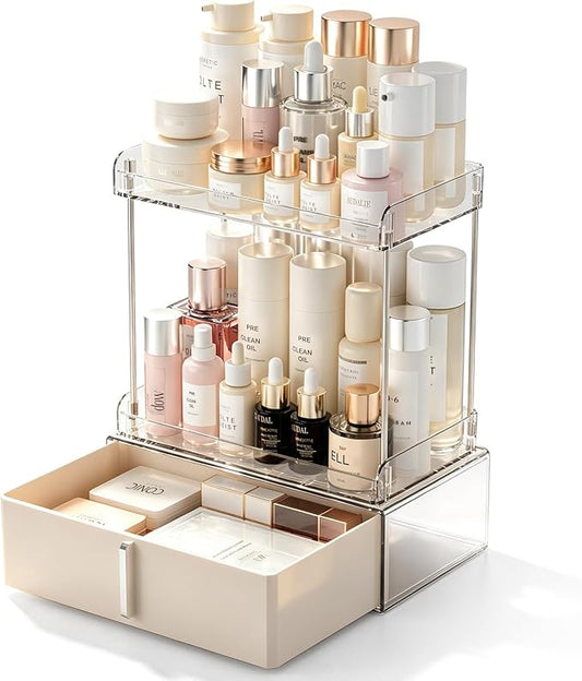 Pajiriona Makeup Organizer,Skincare Organizer for Vanity,2-Tier Large Capacity Cosmetic Storage Box for bathroom organizers and storage,Clear Cosmetic Display Case for Bedroom Countertop.