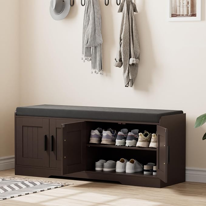 Homleke Shoe Storage Bench, 4 Doors & Thickened Padded Seat Cushion | 2-Tier Shoe Bench, Entryway Bench, Adjustable Shelf, 13.8" D x 45.3" W x 18.5" H, for Living Room, Bedroom, Brown