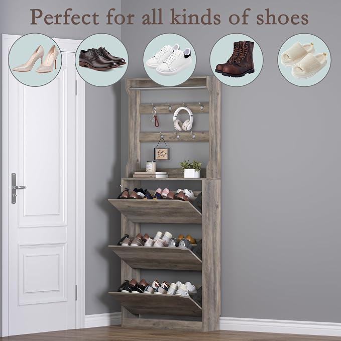 BORNOON Shoe Cabinet with 3 Flip Drawers & Coat Rack, Narrow Hidden Shoe Storage Cabinet, 2-in-1 Hall Tree Slim Freestanding Shoe Rack Organizer for Entryway, Hallway, and Living Room