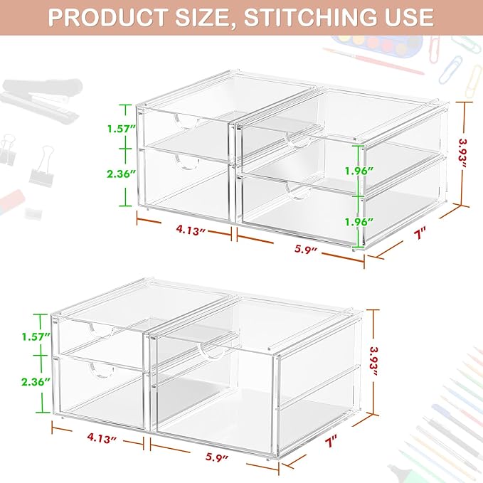 caktraie Acrylic 2-Pack 7-Drawer Makeup & Storage Organizer for Bath,Desk | Smooth-glide drawers, clear body, dustproof, wipe clean, for office supplies, pens, rings, earrings, tweezers, cotton swabs