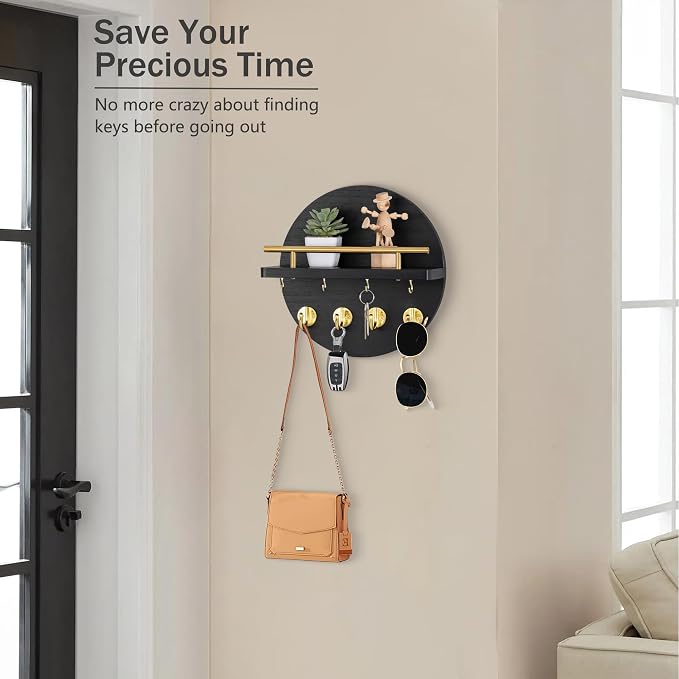 dreampossible Key Holder Wall Mount - 10.2 Inch Decorative Key Rack and Mail Organizer with 8 Key Hooks - Wooden Key Hanger with Shelf for Wall and Home Decor