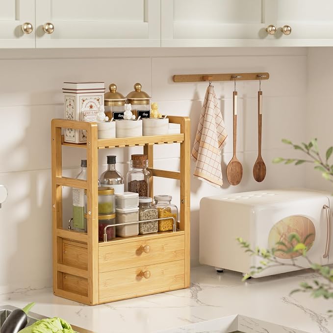 AmazerBath Bamboo Bathroom Counter Organizer, 2-Tier Makeup Organizer with 2 Drawers, Vanity Organizer Storage Coffee Matcha Station, Compact Shelf for Bathroom Kitchen Office Countertop