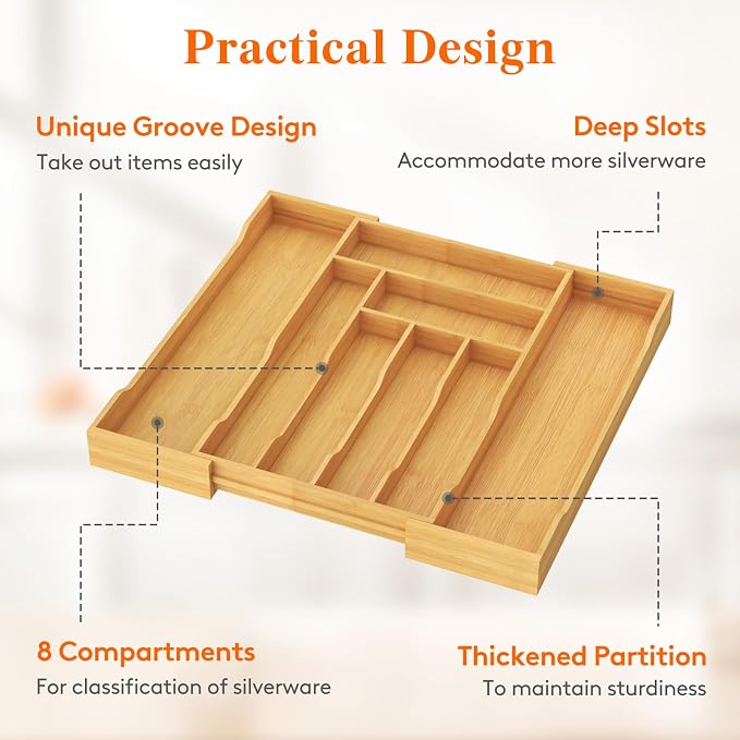 Lifewit Silverware Drawer Organizer, Wooden Utensil Tray for Kitchen | Expandable Flatware and Cutlery Holder, Adjustable Storage for Spoons Forks Knives, 10.2-18.1 x 16.7", Natural