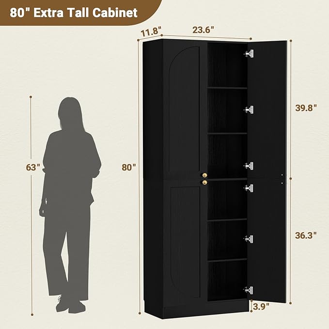 Cyclysio 80" Storage Cabinet, Tall Arched Bookcase with 4 Soft Close Doors, 6-Tier Wooden Pantry with Adjustable Shelves, Seamless Fit Wall for Home Office, Living Room, Kitchen (Black)