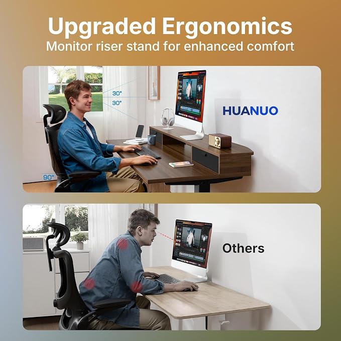 HUANUO 40" X 24" Electric Standing Desk with 2 Drawers, C-Clamp Mount Compatible, Height Adjustable Computer Desk, Home Office Stand Up Desk with 4 Preset Heights & 2 Hooks, Walnut