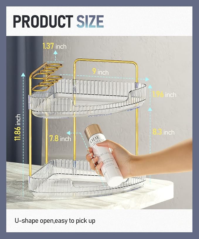 2-Tier Corner Bathroom Organizer Counter - Acrylic Makeup Skincare Organizer with Brush Holder, Perfume Tray for Countertop, Vanity, Dresser, Kitchen（Clear）
