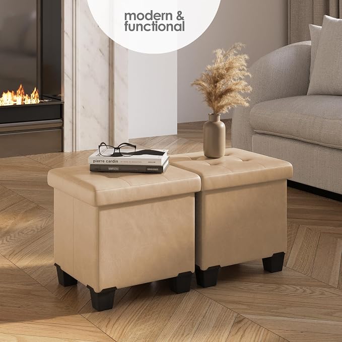 Storage Ottoman Cube with Small Bin, 15-in Square Ottoman with Storage for Living Room and Bedroom, Small Ottomans Foot Rest, Leather Foot Stools Ottomans Max 330lbs, Taupe