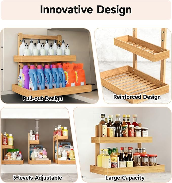 Bamboo Undersink Organizer Storage - 2-Tier Cabinet Shelf with Adjustable Levels, Under Sink Storage Slide Out for Cabinet Pantry Kitchen Bathroom (Natural)