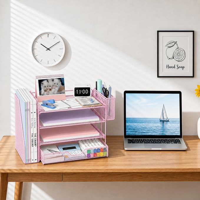 OPNICE Desk Organizer, 4-Tier Desktop File Organizer with Drawer and Pen Holders, Office Desk Accessories, File Sorters, Workspace Organizers for Office Supplies(Pink - Metal Pen Holder)
