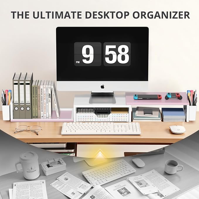 OPNICE Desk Organizers and Accessories, Dual Monitor Stand Riser with Drawer and 2 Pen Holders, Desk Shelf Computer Racks for Office Workspace Organizers, Desktop Organization (Pink-White)