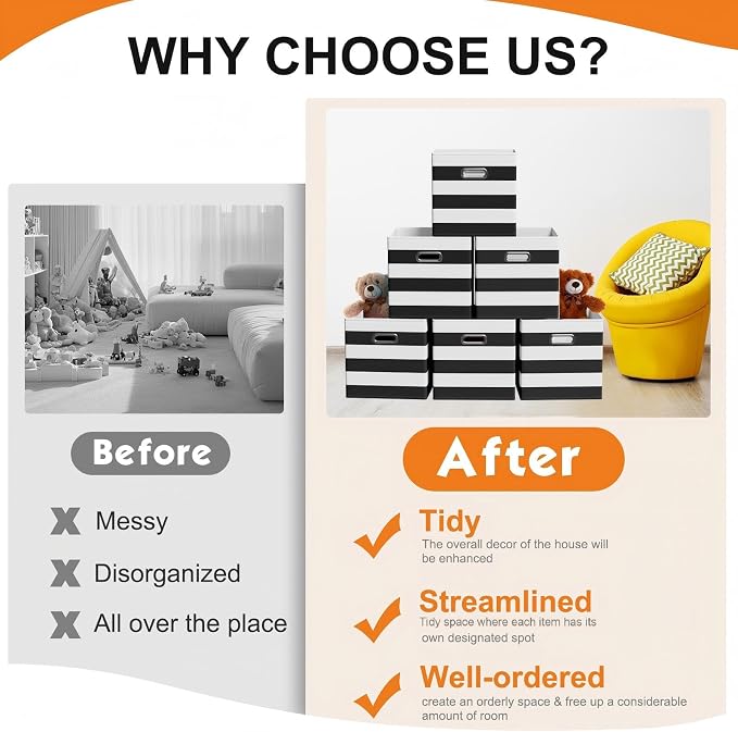 CroBlissful 13 Inch 6 Pack Fabric Storage Cubes with Metal Handles, Back to School Collapsible Organizer Bins for Classroom, Closet, Student Room, Toys and School Supplies (Black and White)