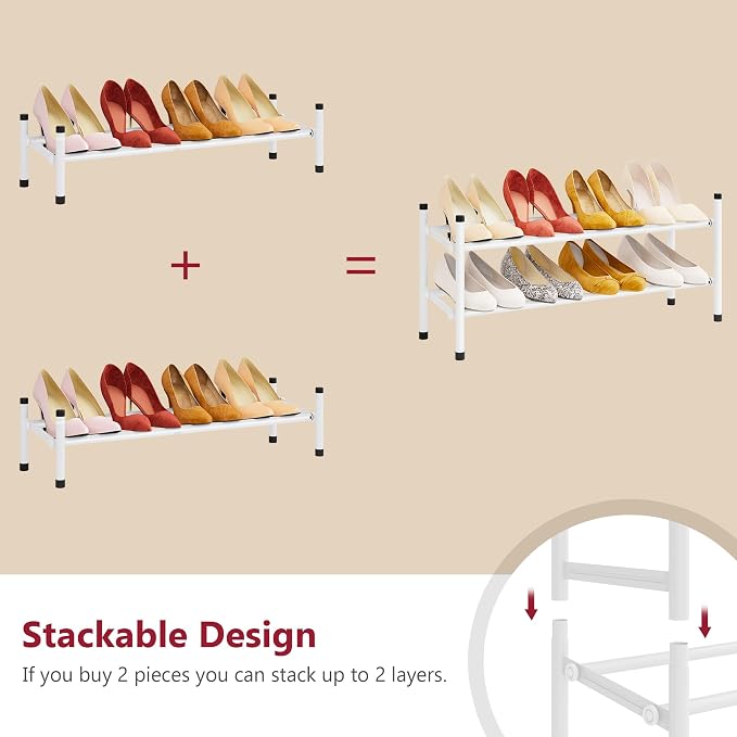 Expandable Shoe Rack for Closet 1 Tier, 28“-41“Stackable, White | Adjustable Shoe Organizer Closet Shoe Rack Floor, Metal Low Shoe Shelf Storage Entryway, Garage, Closet, Front Door Entrance