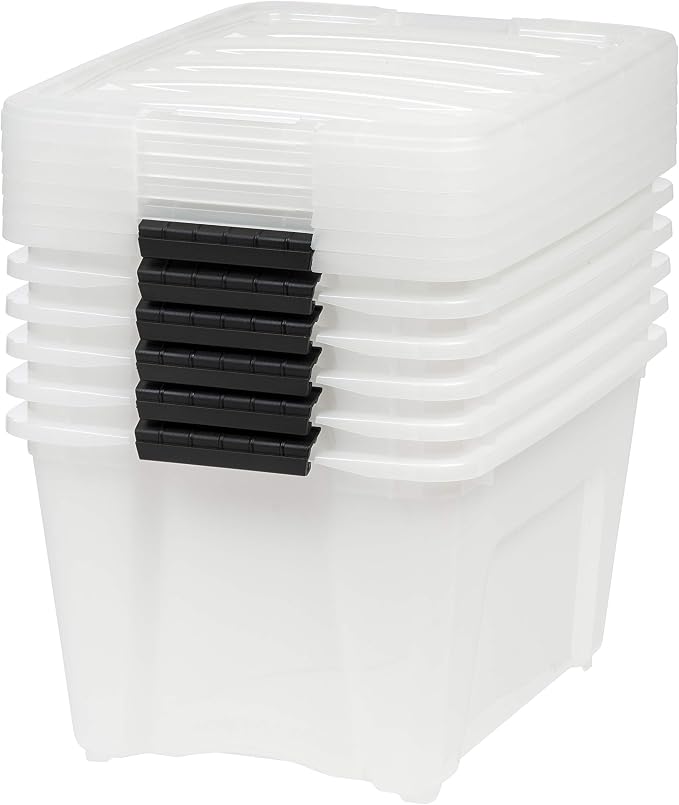 IRIS USA 6-Pack 32 Quart Storage Bins with Lids, Pearl | Conceals contents for a clean look. Great for linens, décor, closet storage, and supplies. Nestable design saves space