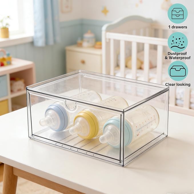 Prsildan Acrylic Makeup Organizer Stackable Clear Storage Drawers for Baby Bottles Desk Organizers for Countertop Vanity Nursery Adjustable Modular System for Cosmetics Jewelry