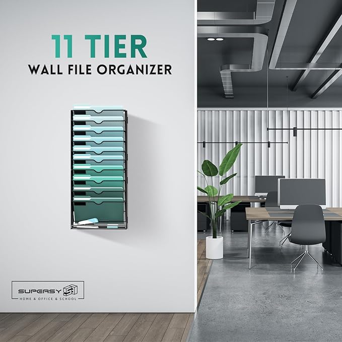 SUPEASY 11-Tier Wall File Organizer, Wall Mounted Mail Sorter, 2 Pack | Metal Mesh Hanging File Organizer with Open Compartments and Label Panels for Papers and Folders at Home, Office or School