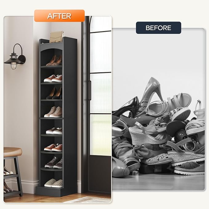 9-Tier Tall Shoe Rack, Wooden Shoe Storage Organizer, Narrow Shoe Cabinet with Removable Shelves for Small Spaces, Holds 9 Pairs of Shoes, for Entrance, Hallway, Black SS02BK