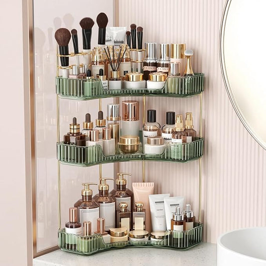 BEFSOP Corner Bathroom Counter Organizer, Upgraded 3-Tier Makeup Organizer Countertop with Makeup Brush Holder, Skincare Exquisite Vanity Organizers Countertop Bathroom Storage Dresser(Green)