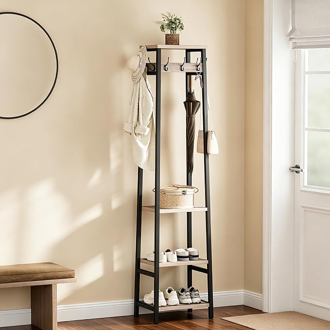 Coat Rack Freestanding with 3 Shelves and 7 Hooks | Coat Stand, Hall Tree Free Standing, Clothes Rack Stand Organizer, Industrial Style, Greige and Black