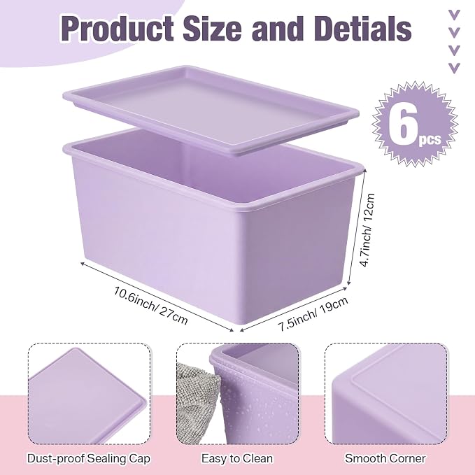 6 Pcs Storage Bins with Lids Small Plastic Storage Containers Stackable Storing Baskets Box Cute Organizer Bins for Organizing Shelves (Pink,Purple,Orange)