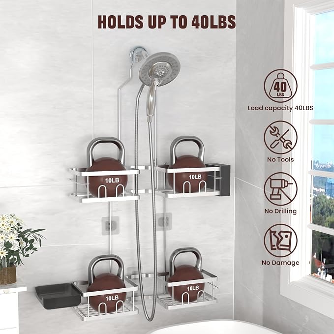 REINHARDT Adjustable Shower Caddy Hanging for Handheld Showerheads, Silver | Patented Shower Organizer, Rustproof, 40lbs Capacity, Anti-Swing, Tool-Free, Suction Cups, 8 Hooks, Soap & Toothbrush Holder