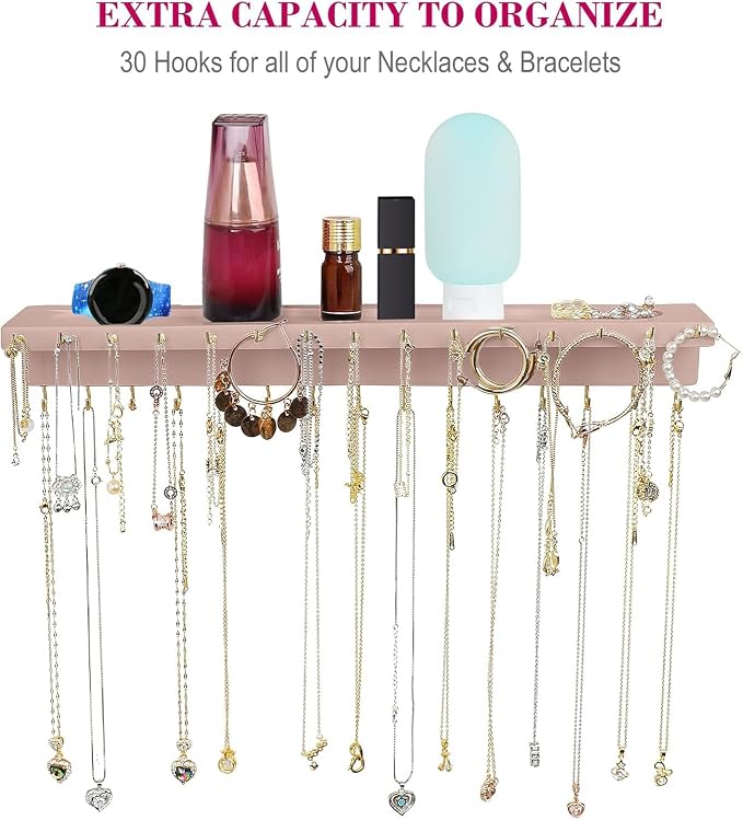 YYILIS Necklace Holder, Upgraded Extra Large Wall Necklace Organizer with 30 Hooks Wall Mounted Necklace Hanger with Jewelry Tray/Cosmetics Shelf Rustic Pine Wood Holder (Pink) | 30 Hooks Wall Mounted Necklace Hanger with Jewelry Tray/Cosmetics Shelf R...