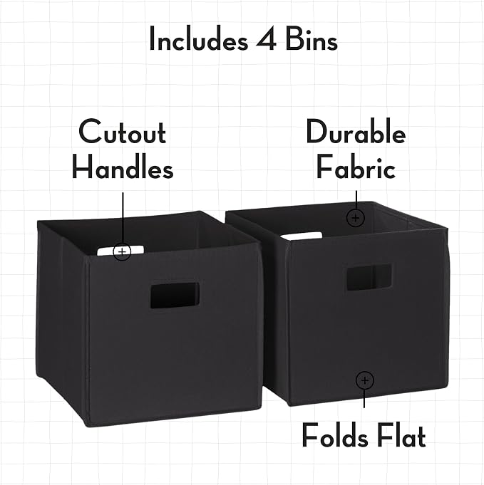 RiverRidge Folding Storage Bins - 4-pack of 10in Tall Black Cubes | Fabric Bins, Set of 4 Storage Cubes, Cut-out Handles, Playroom Closet Organizer, Collapsible Cubby with Bottom Board Insert