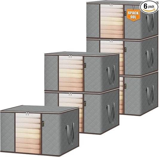 BALEINE 6 Pack Clothes Storage Bags, 24 Gallon Storage Containers with Reinforced Handle, Sturdy Zipper, Closet Organizer for Blanket, Comforter, Pillow, Bedding (Grey, 6 Pack)