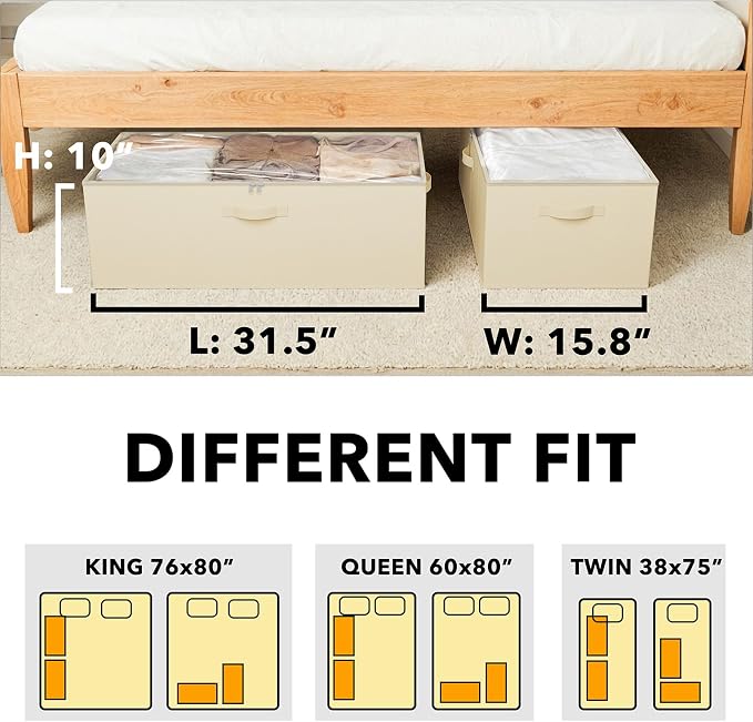 SpaceAid 2 Pack 10" High Under Bed Storage Containers, Large Underbed Storage Organizer Bins with Lids for Bedroom, Dorm, Clothes, Closet Organization, Bed Sheets and Blankets (Beige)