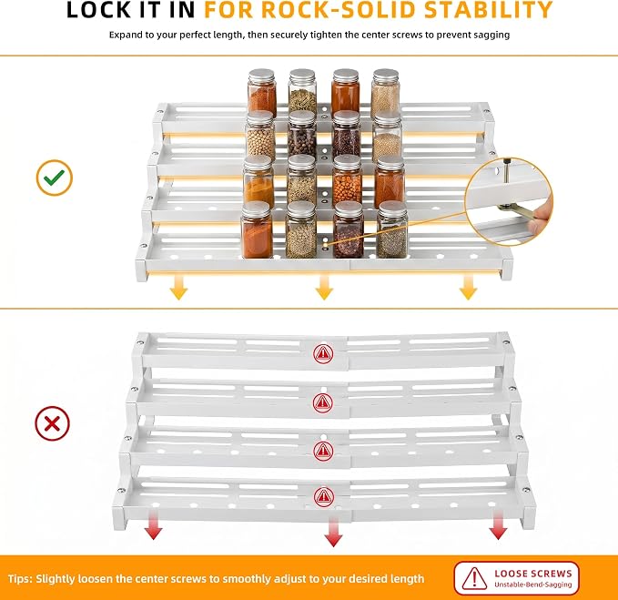 Spice Rack Organizer for Cabinet, 13-21.5" Expandable Spicy Shelf | 11.6" Wide 4-Tier White Metal Seasoning Organizer, Kitchen Spice Organization, Slip-Resistant Guardrails for Jars and Cans
