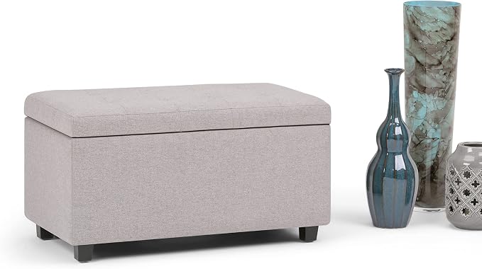 SIMPLIHOME Cosmopolitan 34" Wide Vegan Leather Storage Ottoman in Cream | Cloud grey, transitional storage ottoman with tufting and lift-up lid; rectangle storage bench for living room or entryway.