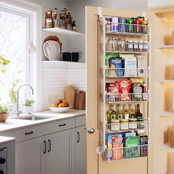 Delamu Large Over the Door Pantry Organizer, 6-Tier Metal Pantry Door Organization and Storage for Easy Install, Hanging Spice Rack Seasoning Shelves for Cabinet & Kitchen, D6.7xW17.5xH53.7 in, White